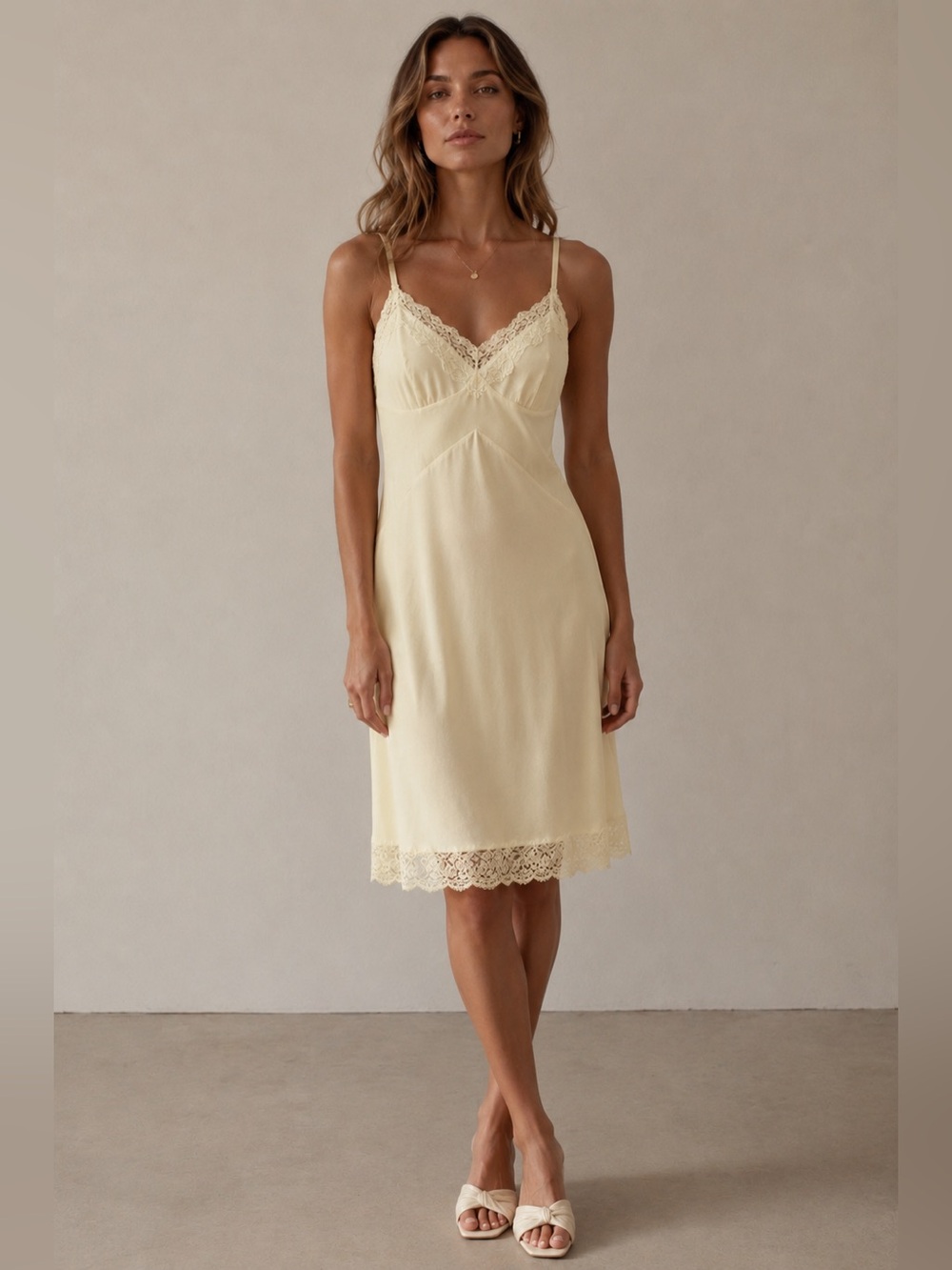 Vintage Love Lines by Gay Lure Butter Yellow Nylon Lace Full Slip Dress 60s 70s